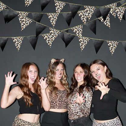 Leopard Black Pennant Banner Flag Hanging Paper Triangle Bunting for Cheetah Leopard Print Animal Theme Leopard Birthday Baby Shower Bachelorette Bridal Shower Wedding Party Decorations Supplies