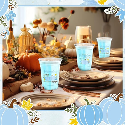 Meanplan 50 Pcs 12oz Thanksgiving Baby Shower Party Plastic Cups A Little Pumpkin is On The Way Disposable Clear Cups for Fall Autumn Baby Shower Gender Reveal Supplies Decorations(Blue)