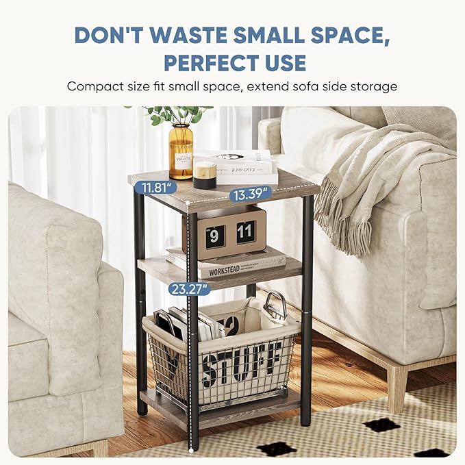 OLIXIS 3 Tier End Table for Small Space, Side Sofa Tables Storage Shelf, Nightstand with Adjustable Feet for Living Room, Bedroom, Office, Set of 1, Oak Grey
