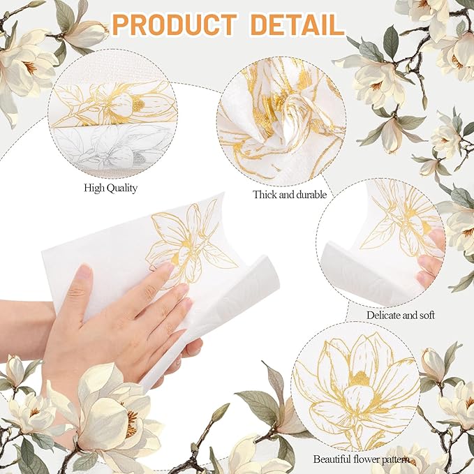 50 Pack Gold Magnolia Napkins - Gold Floral Disposable Napkins - Cloth-Like Feel Dinner Paper - Retro Heavy Duty Hand Towels for Bathroom Wedding Holiday Party Bridal Decorative Towels