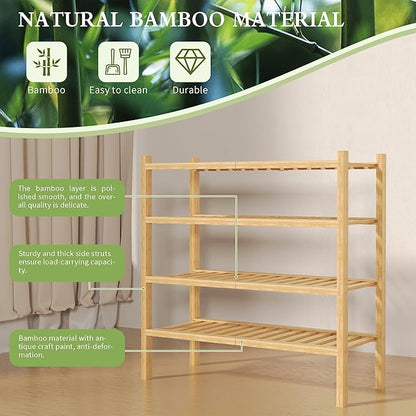 4 Tier (Thick) Bamboo Shoe Rack for Closet Free Standing Wood Shoe Shelf for Entryway Small Space Stackable 27"x12"x28" (Natural)