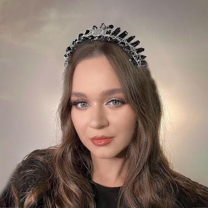 Raw Crystal Obsidian Tiara Headbands,Black Quartz Moon Goddess Crown Headpiece Costume Party Headwear for Women Girls