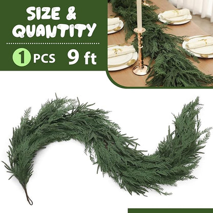 Jutom 1 PCS 9 ft Realistic Christmas Garland - Artificial Mix Norfolk Cypress Pine Needles Faux Green Garland Decorations for Table Mantel Winter Holiday, Indoor & Outdoor Decor