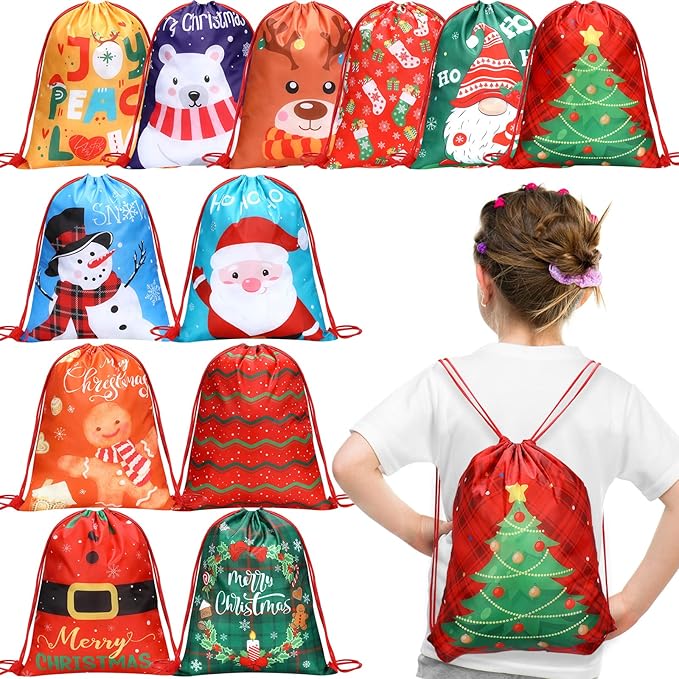 12 Pcs Christmas Party Favors Bags for Kids Drawstring Backpack Santa Claus Goodies Snack Treat Gift Bags Presents Wrapping for Xmas Winter Holiday Birthday Party (13.2 x 16.3 Inch)