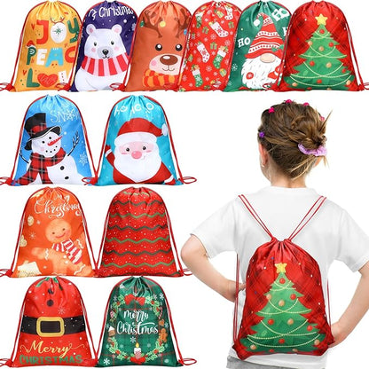 12 Pcs Christmas Party Favors Bags for Kids Drawstring Backpack Santa Claus Goodies Snack Treat Gift Bags Presents Wrapping for Xmas Winter Holiday Birthday Party (13.2 x 16.3 Inch)