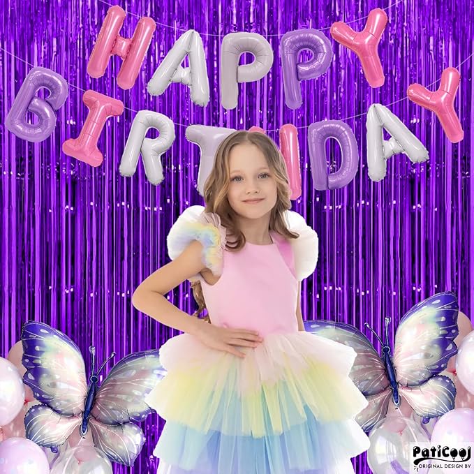 Thicken Purple Streamers 2 Pack 3.3 x 6.6 FT, Purple Birthday Decrorations Tinsel Backdrop Curtains, Foil Fringe Photo Backdrop for Birthday, Halloween, Graduation Party Decorations