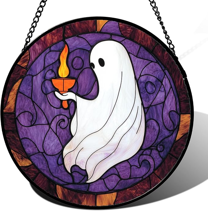 Stained Glass Window Hanging - Halloween White Ghost Purple Suncatcher for Doors Window Garden Spooky Candlelight Sun Catchers Gothic Decor Horror Gifts for Women Men Friend Boy Girl 15 in
