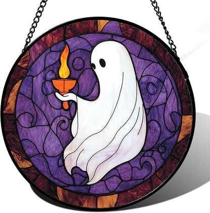 Stained Glass Window Hanging - Halloween White Ghost Purple Suncatcher for Doors Window Garden Spooky Candlelight Sun Catchers Gothic Decor Horror Gifts for Women Men Friend Boy Girl 9.8 in