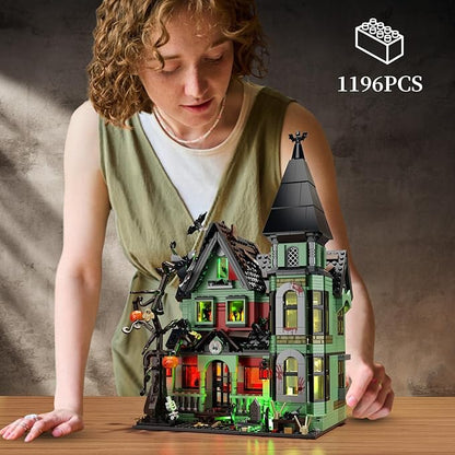 iATOM Haunted House Building Set with Lights, Halloween Mansion Building Toy for Adults, Gift for Christmas, Horror Village Town Architecture Include Pumpkin Skeleton Spooky Bat Cat, F-C9987