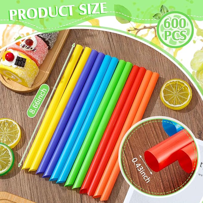 Tessco for you 600 Pcs 8 Inch Jumbo Smoothie Straws Bulk Large Plastic Disposable Bubble Tea Straws Wide-Mouthed Individually Wrapped for Tall Homemade Milkshakes Drinking(Classic Color)