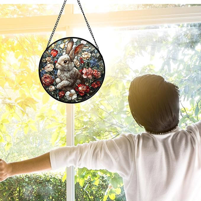 Stained Glass Window Hanging - Cute Rabbit Flowers Suncatcher Ready to Hang Window Doors Home Decoration, Christmas, Mother's Day Birthday Gifts for Women, Men, and Mom 6.3x6.3 in