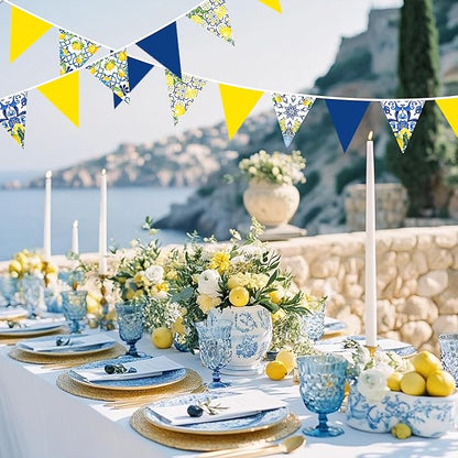 32Ft Capri Lemon Party Decorations Blue Tiles Yellow Lemon Fabric Pennant Banner Triangle Flag Garland Streamer for Amalfi Coast Capri Yellow Blue Tiles Mediterranean Birthday Baby Shower Supplies
