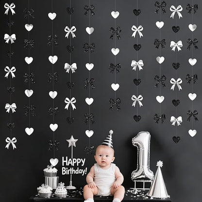 Bow Decorations Siver Black Metallic Glitter Paper Bow Heart Hanging Garland Streamer for Coquette Birthday Valentines Bachelorette Wedding Bridal Shower Anniversary Hen Party Decorations Supplies