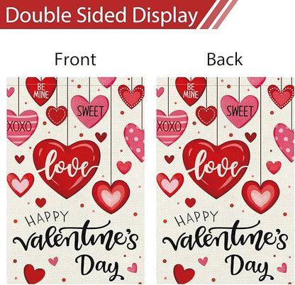 Heyfibro Happy Valentine's Day Garden Flag 12 x 18 Inch Double Sided Burlap,Candy Love Heart Flag Valentine’s Party Supplies for Anniversary Wedding Home Outdoor Decoration (ONLY FLAG)