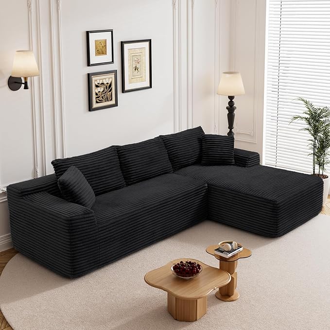 95" L Shaped Boneless Sectional Couches, Wide Armrest, Deep Seat, Memory Foam, Assembly Free, Modern Comfy Corduroy Fluffy Cloud Sofa with Right Chaise for Living Room, Small Spaces, Black