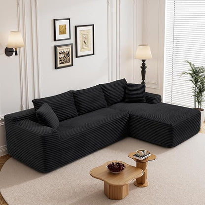 95" L Shaped Boneless Sectional Couches, Wide Armrest, Deep Seat, Memory Foam, Assembly Free, Modern Comfy Corduroy Fluffy Cloud Sofa with Right Chaise for Living Room, Small Spaces, Black