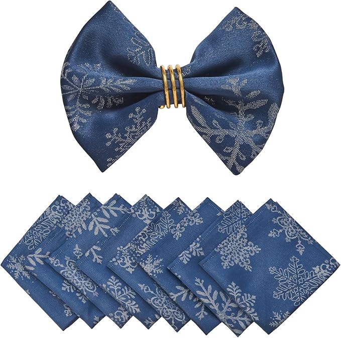 Cloth Napkins Set of 8–Square Jacquard Sparkling Metallic Snowflake Fabric Polyester Washable Reusable Cloth Napkins for Kitchen Dinner Dining Restaurant Wedding Table(Navy Silver/17x17 Inch)