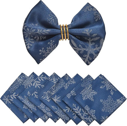 Cloth Napkins Set of 8–Square Jacquard Sparkling Metallic Snowflake Fabric Polyester Washable Reusable Cloth Napkins for Kitchen Dinner Dining Restaurant Wedding Table(Navy Silver/17x17 Inch)