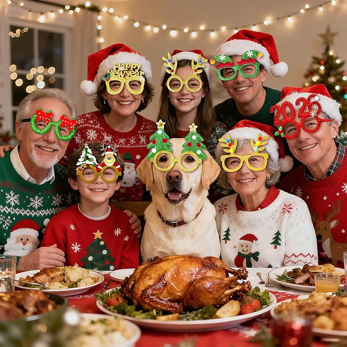 16Pcs Christmas Glasses Glitter Holiday Party, Cute Christmas Glasses Frames, Christmas Eyeglasses Party Decorations for Christmas Party Favors Holiday Favors (One Size Fits All)