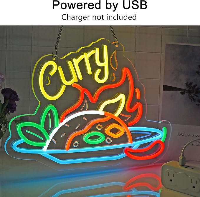 Curry Neon Sign, Neon Lights Hanging Wall Art Decoration for Restaturant Shop Store Bar Market Party Celebration Home Decor, USB Powered Ultra Bright Dimmable,16.14×11.42inches