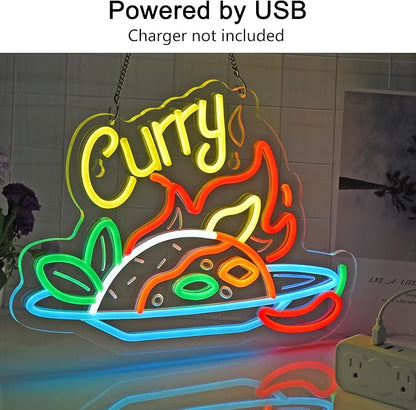 Curry Neon Sign, Neon Lights Hanging Wall Art Decoration for Restaturant Shop Store Bar Market Party Celebration Home Decor, USB Powered Ultra Bright Dimmable,16.14×11.42inches