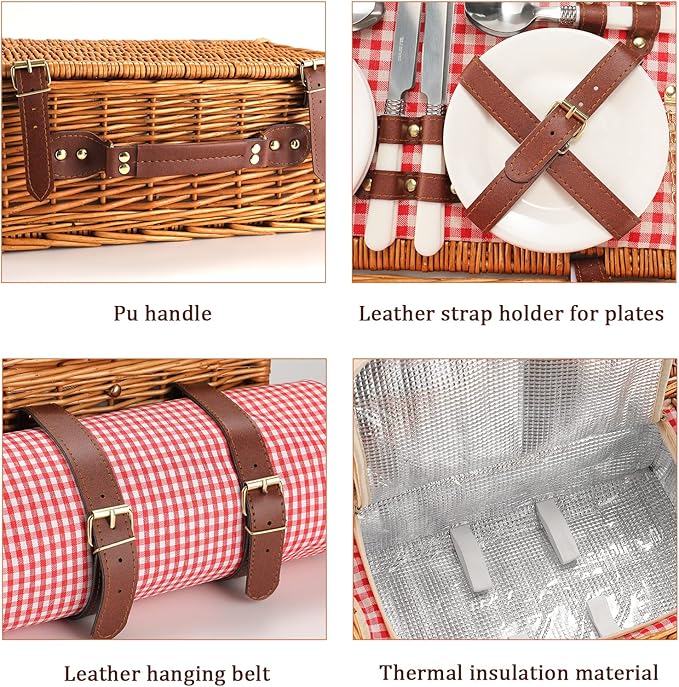Picnic Basket for 4 Persons with Waterproof Picnic Blanket and Insulated Cooler, Large Wicker Picnic Basket for Camping, Outdoors, Valentine's Day, Christmas, Birthday, Wedding Gift