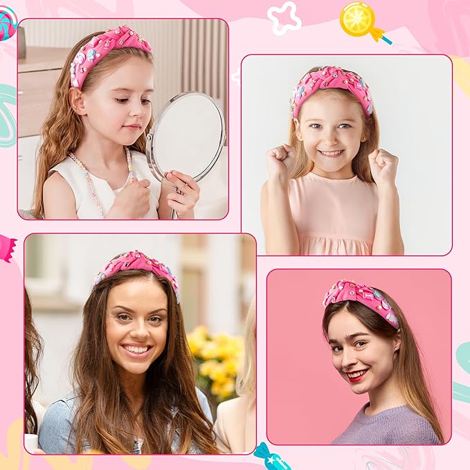 PANTIDE Candy Jeweled Knotted Headband - Christmas Sugar Lollipop Rhinestone Crystal Embellished Preppy Headband Wide Top Knot Fashion Hair Accessories Candyland Birthday Gift for Women Girls (Pink)