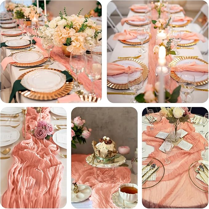 10 Pack Coral Peach Cheesecloth Table Runner 10FT Sheer Coral Cheese Cloth Table Runners Boho Gauze 120 Inches Table Decorations for Wedding Bridal Baby Shower Fall Thanksgiving Decor