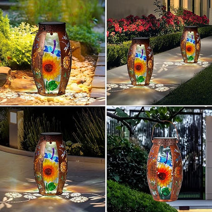 Solar Lanterns Outdoor Hanging Lights Decor Dragonfly Lantern Waterproof Metal LED Sunflower Light Decorative Garden,Yard,Patio,Lawn,Gifts for Women Mom