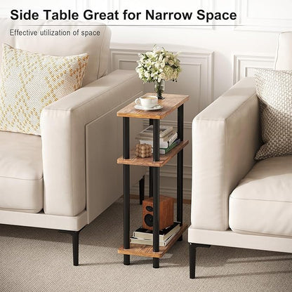 Apicizon Small Narrow Side Table, 3-Tier Skinny End Table for Small Spaces, Slim Nightstand with Fabric Basket, Bedside Table for Living Room, Bedroom, Rustic Brown and Black