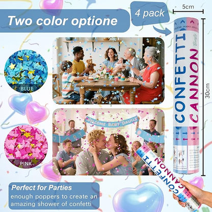 4 Pack Gender Reveal Confetti Cannon, 12 in Blue Star Shaped Paper Party Poppers Cannons, Confetti Poppers For Baby Boy Gender Reveal Baby Showers (Star, Blue)