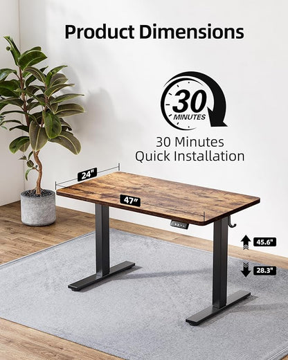 TIQLAB Standing Desk 47 x 24 inch, Electric Height Adjustable with Splice Board, Stand Up Desk, for Home Office, Black Frame/Rustic Brown Top