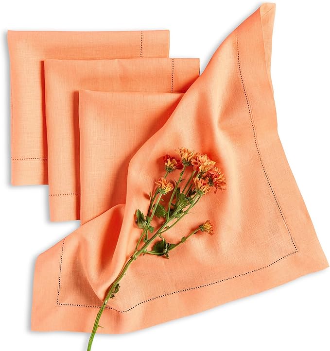Solino Home Linen Cloth Napkins Set of 4-100% Pure Linen Coral Dinner Napkins 20 x 20 Inch - Classic Hemstitch, Handcrafted and Machine Washable