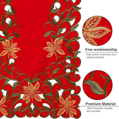 Joyfol Day Christmas Red Flowers Table Runner 14 x 33 Inch, Cutwork Embroidered Florals Table Runners, for Xmas Holiday Winter Festival Kitchen Dining Tabletop Decoration