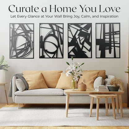 OUR NEST Pack of 4 Black Abstract Metal Wall Art – Minimalist Matte Finish 3D Line Art Wall Decor for Living Room, Bedroom, Bathroom, or Study (16" x 11")