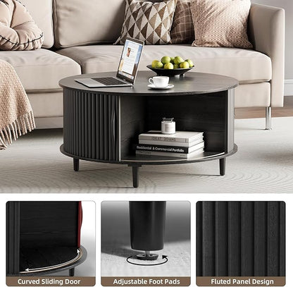 Black Round Coffee Table with Storage, 31.5" Fluted Center Table with Sliding Door, Modern Circle Drum Accent Table for Living Room, Sleek Wood Furniture for Small Spaces & Apartments