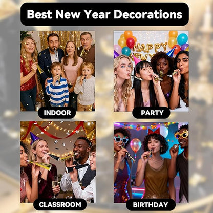 100pcs New Years Eve Party Supplies 2026 Black, Gold & Silver Party Blowers, New Years Decorations Noisemakers for Kids & Adults Nye Decorations