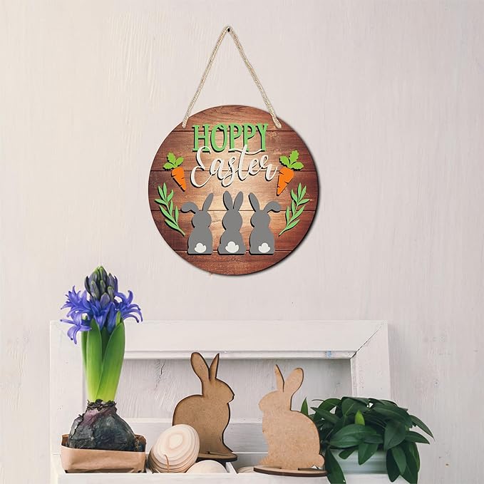 10" Easter Round Wooden Hanging Sign With Sisal Rope - Hoppy Easter - Three Little Bunnies Wooden Plaque For Front Door, Porch, Outdoor Indoor, Farmhouse Wall Decor Party Favor & Decorations - B04