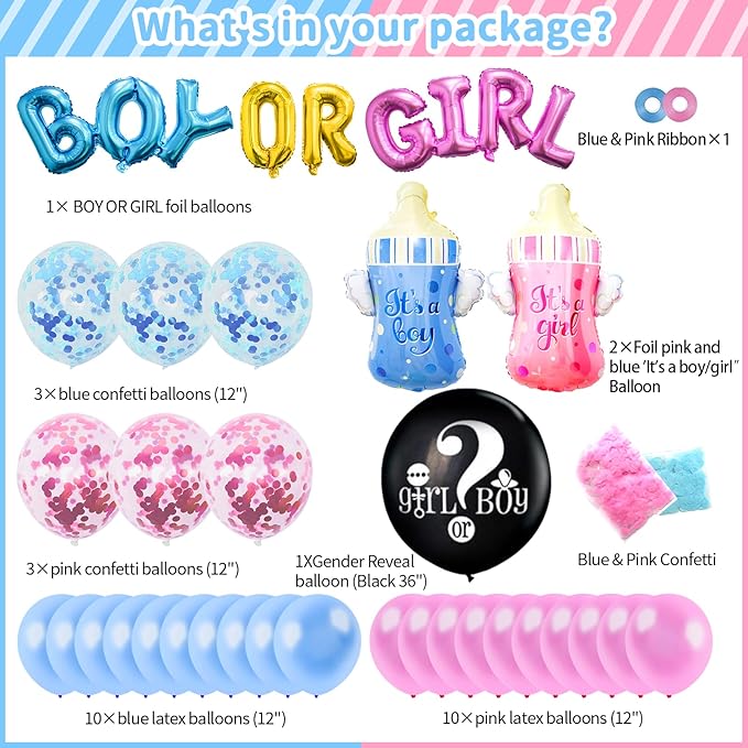 124 Pcs Gender Reveal Decorations Kit, Party Supplies With 36'' Balloon, Boy OR Girl Foil Balloon, Paper Pompoms, Tablecloth, Photo Props