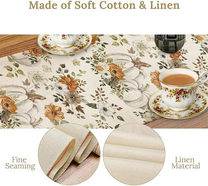 Fall Pumpkin Table Runner Rustic Floral Watercolor Plants White Vegetables Flowers Pastoral Theme Home Decor for Farmhouse Indoor Outdoor Party Holiday Dining Kitchen Restaurant Cafe W13xL90in