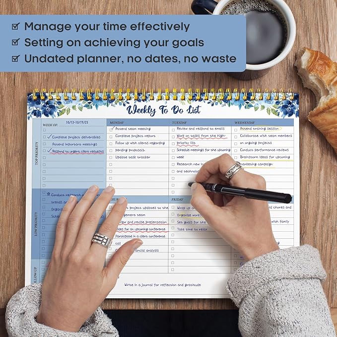 Taja Weekly To Do List Notepad with 52 Undated Sheets（8.5"×11"）- Weekly Desk Planner for Women & Man, Work and Home - 1 Pack Azure Bloom
