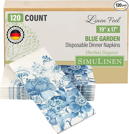 SimuLinen Blue Floral Decorative Dinner Napkins, Disposable Cloth-Like Paper Napkins, Linen Feel, Premium Airlaid Material, Highly Absorbent, Box of 120