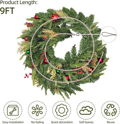 9 FT Pre-lit LED Christmas Garland with 20 Red Balls, Multi-Function Christmas Garland with 50 Warm White LED Lights for Mantle Fireplace Staircase Porch Decor