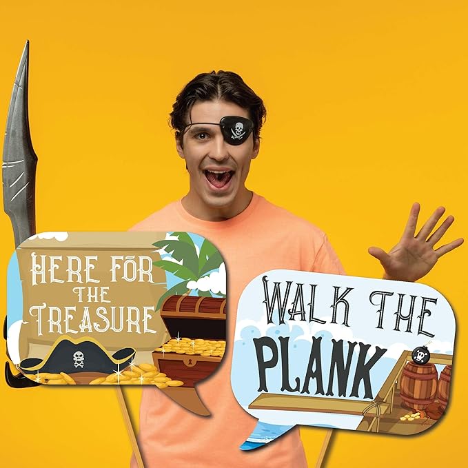 Pirate Photo Booth Props - 41-pc Photobooth Kit with 8 x 10-Inch Sign, 60 Adhesive Pads, 45 Sticks - Pirate Props - Nautical Photo Booth Props - Pirate Ship Props