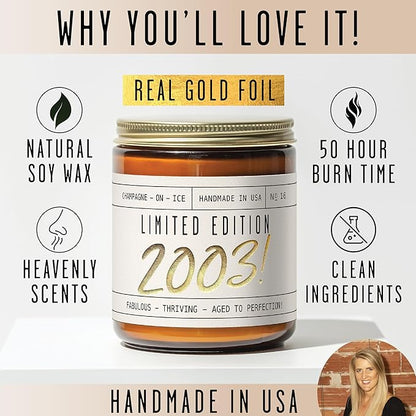 22nd Birthday Gifts for Women - 'Limited Edition 2003' Soy Candle, w/Champagne on Ice I 22 Birthday Gifts for Women I 22rd Gift for Her Ideas I 9oz Reusable Jar, 50Hr Burn, Made in USA