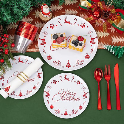 Ciaell 175 Pieces Christmas Plastic Plates include 50 Red Plastic Plates, 25Knives, 25Forks, 25Spoons, 25cups, 25Napkins for Christmas Party