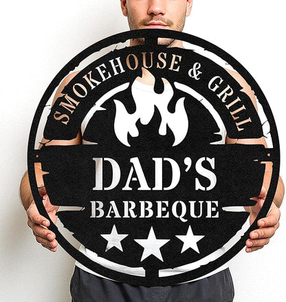Custom BBQ Kitchen Metal Sign, Personalized Grill Name Cut Wall Decor for Outdoor Cooking Space, Rustic Backyard Gift