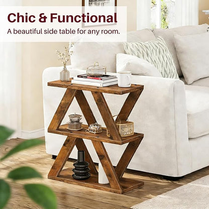 3 Tier Side Table with Side Guard Rails & Anti-Slip Pads, Narrow End Table for Small Spaces, Slim Nightstand with Storage Shelves for Bedroom, Living Room, Rustic Brown