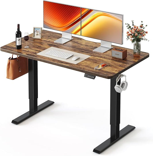 FEZIBO Standing Desk, 55 × 24 Inches Electric Height Adjustable, Sit Stand Up, Computer Office Desk with Splice Board, Black Frame/Rustic Brown TOP