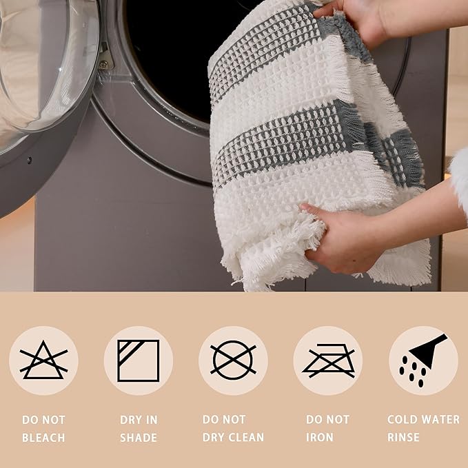 Waffle Bath Mat Non Slip, Boho Bathroom Rug, Super Absorbent Quick Dry Bathroom Mat, Soft Farmhouse Bath Rug with Tassels, Small Washable Shower Mats for Floor 16"x24", White and Grey